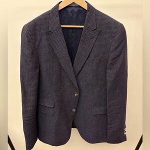 Sand Copenhagen Blazer Jacket 100% Linen Gingham Plaid Blue/Purple 44R